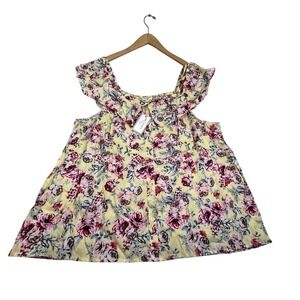 No Comment Plus Yellow Floral Cotton Cold Shoulder Ruffle Top 3X RW32788X NWT
